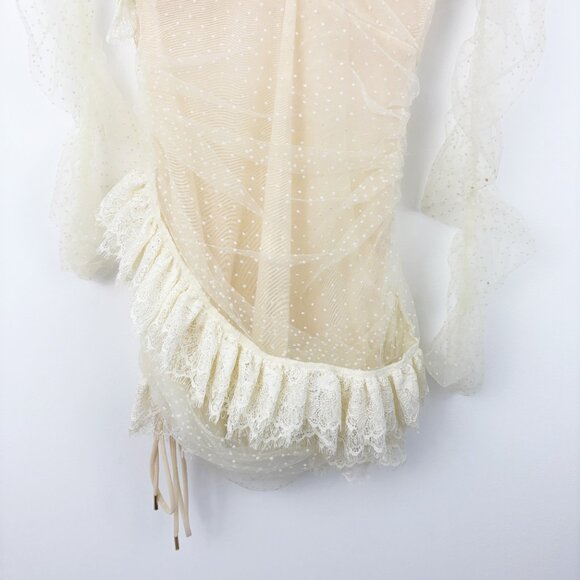 House of CB Sorrel Ivory Lace Frill Mini Dress Size M Off Shoulder Sexy Ruffles - Picture 9 of 13